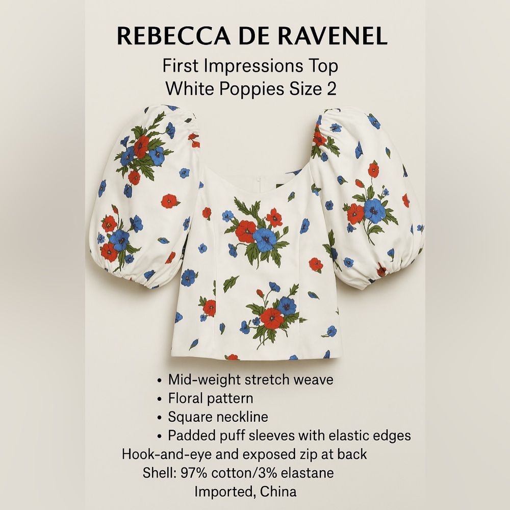 Rebecca de Ravenel First Impressions White Poppies Puff Sleeve Top Size 2 NWT